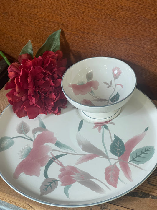 Vintage 80s Mikasa Continental China #F3003 SILK FLOWERS Crudite Plate & Bowl Chip and Dip