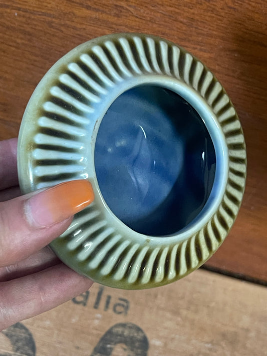 Small green ribbed WADE POTTERY dish with blue inside