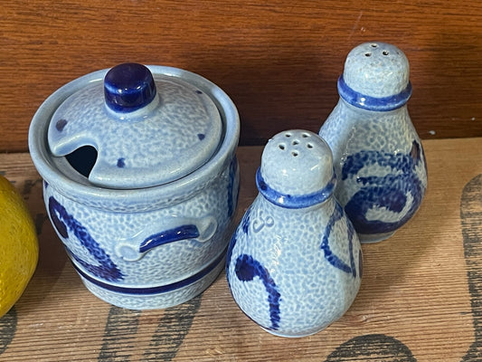 Cobalt Blue Salt Glaze Indigo Grey Dutch Stoneware Spice set with Salt and Pepper Shakers and Mustard Pot