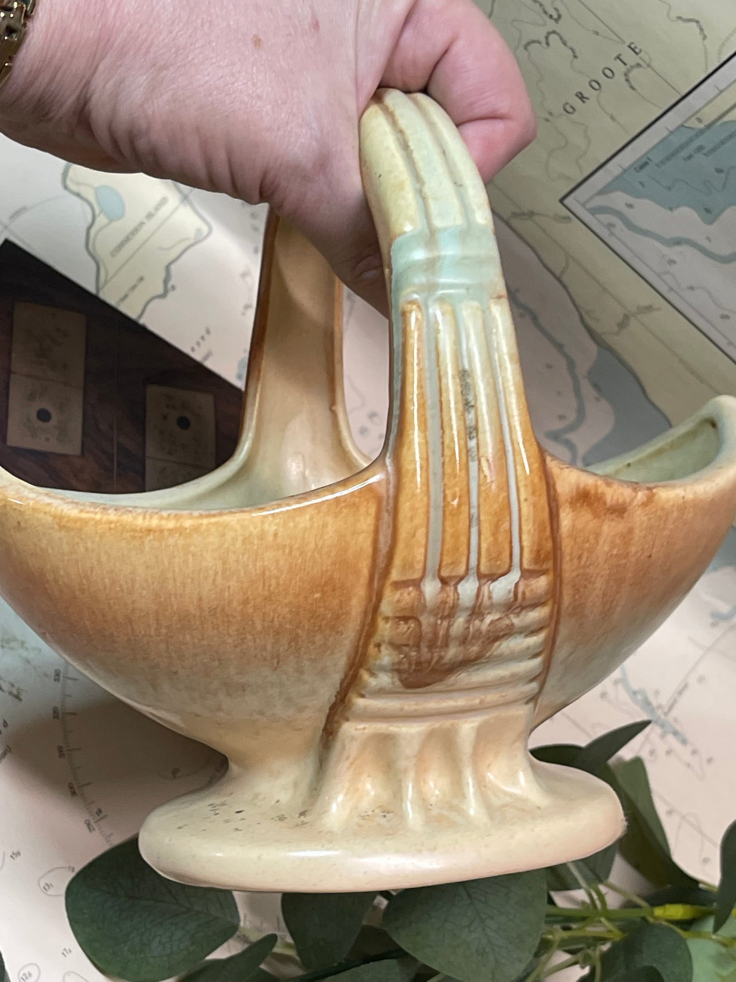 Vintage Australian Pottery Basket Vase / Console Bowl c.1950s–60s