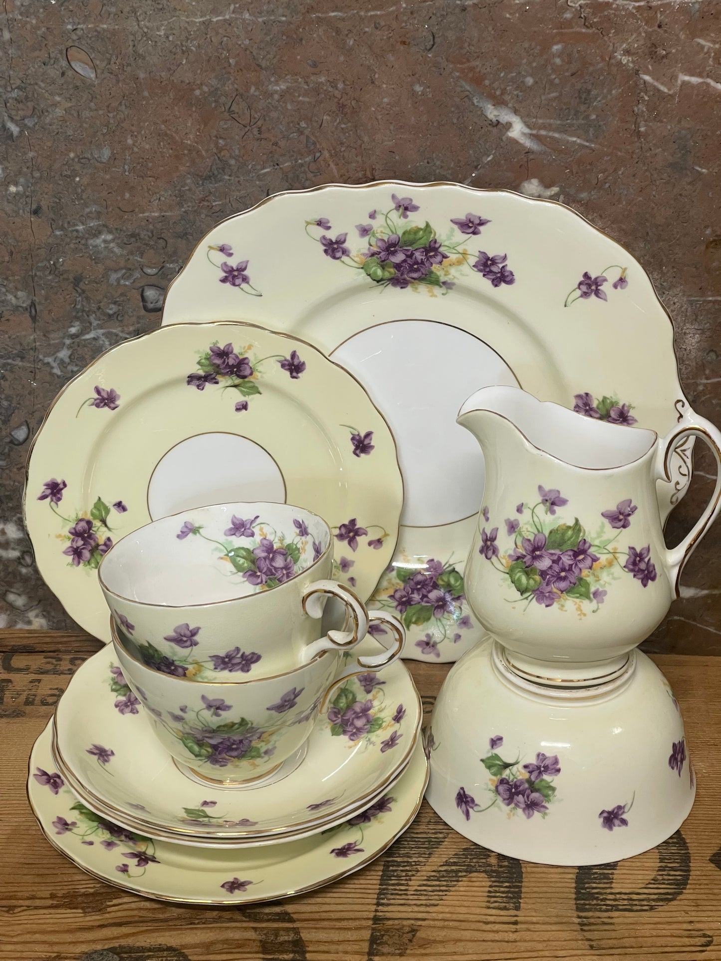 Melba Bone China Violet Teaset – Two Trios (c.1940s–50s)