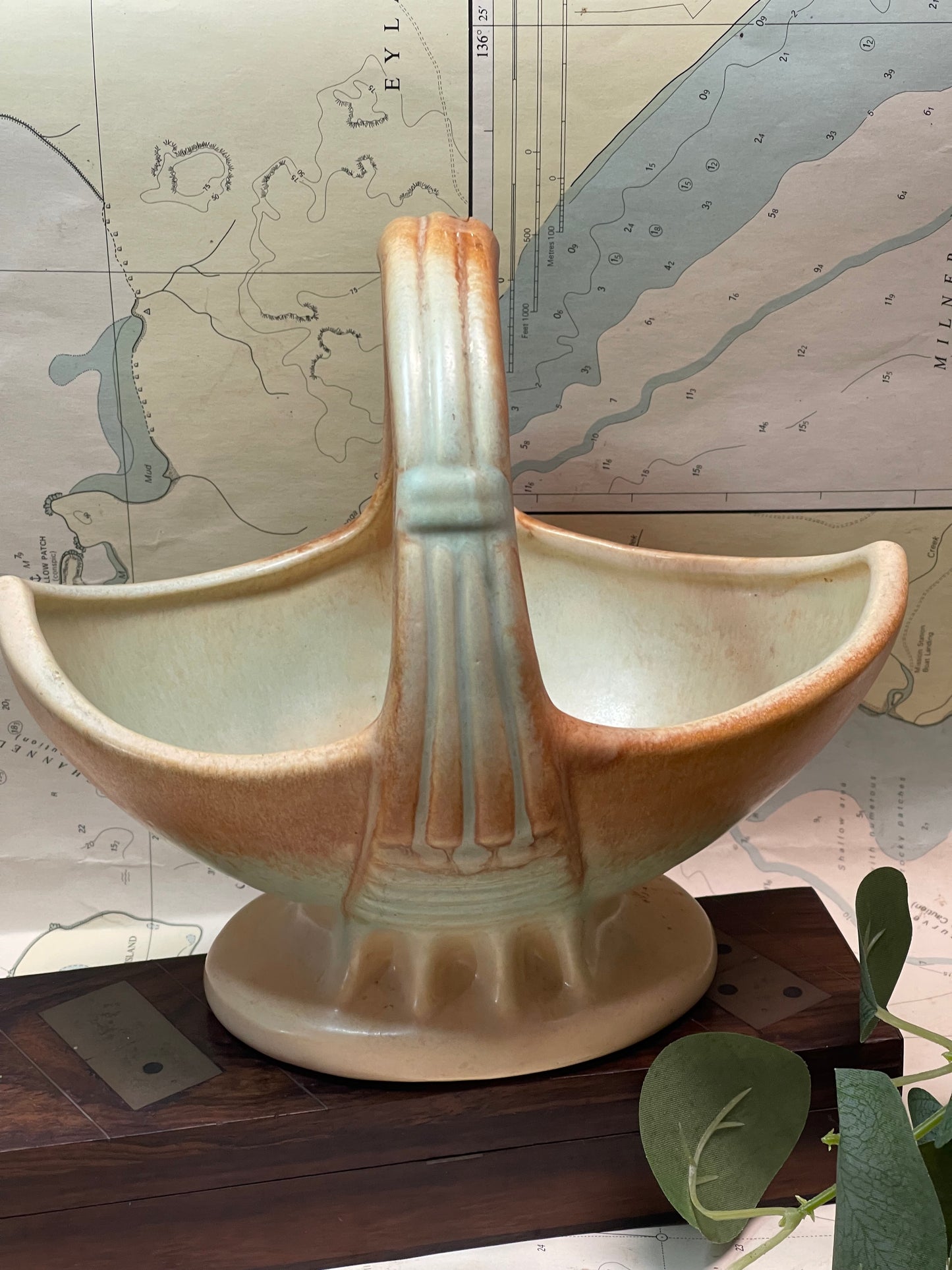 Vintage Australian Pottery Basket Vase / Console Bowl c.1950s–60s