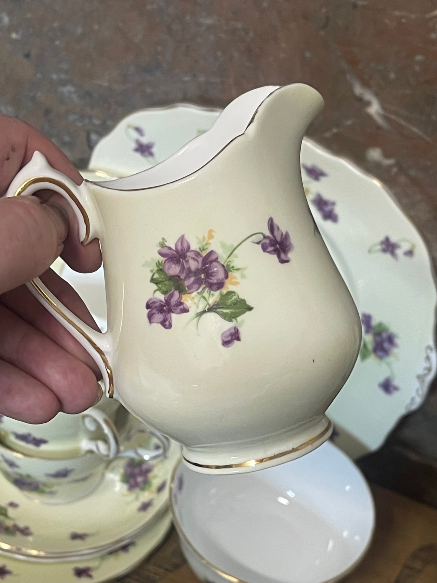Melba Bone China Violet Teaset – Two Trios (c.1940s–50s)