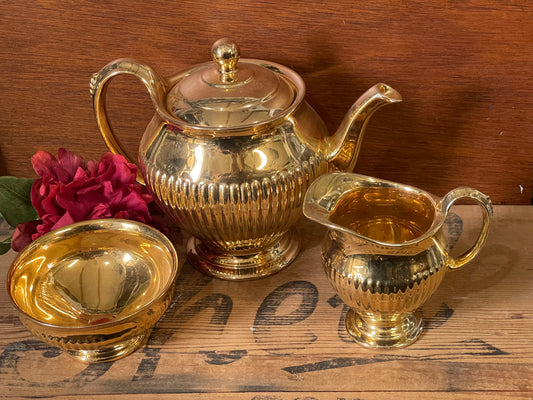 Royal Winton Golden Age Teapot, Creamer and Open Sugar Bowl (Ribbed) England