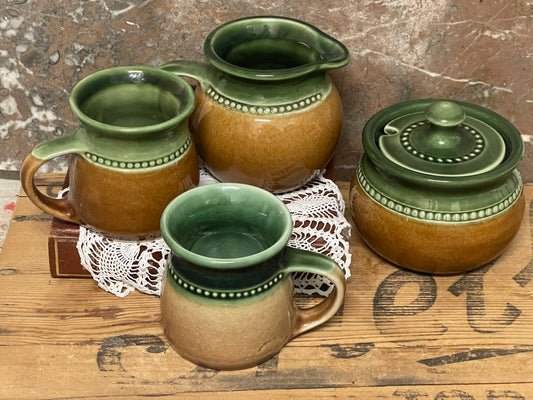 Vintage Bendigo Pottery Green & Ochre Glaze Stoneware Set (4 Pieces, Australian Made)
