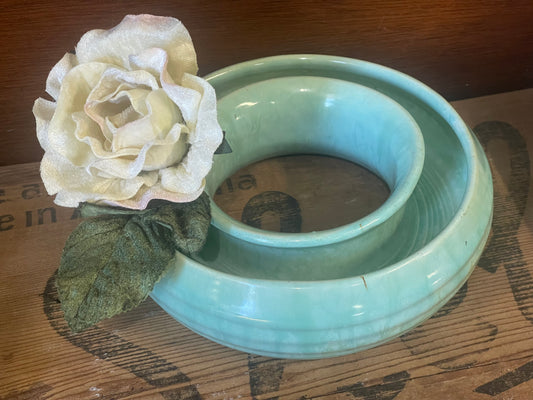 Vintage Australian Newtone Art Ware Pottery Posy Ring, Green Round Ceramic Trough Vase