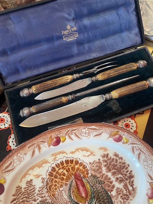 Antique Mappin & Webb Carving Set in Original Case – Stag Antler Handles – Victorian / Edwardian