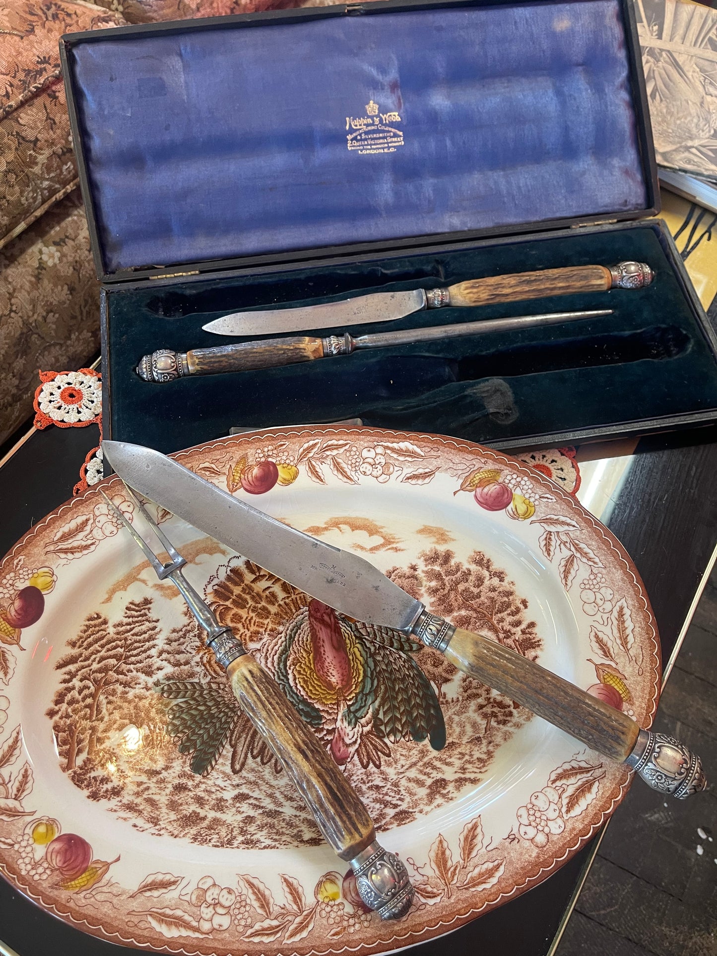 Antique Mappin & Webb Carving Set in Original Case – Stag Antler Handles – Victorian / Edwardian