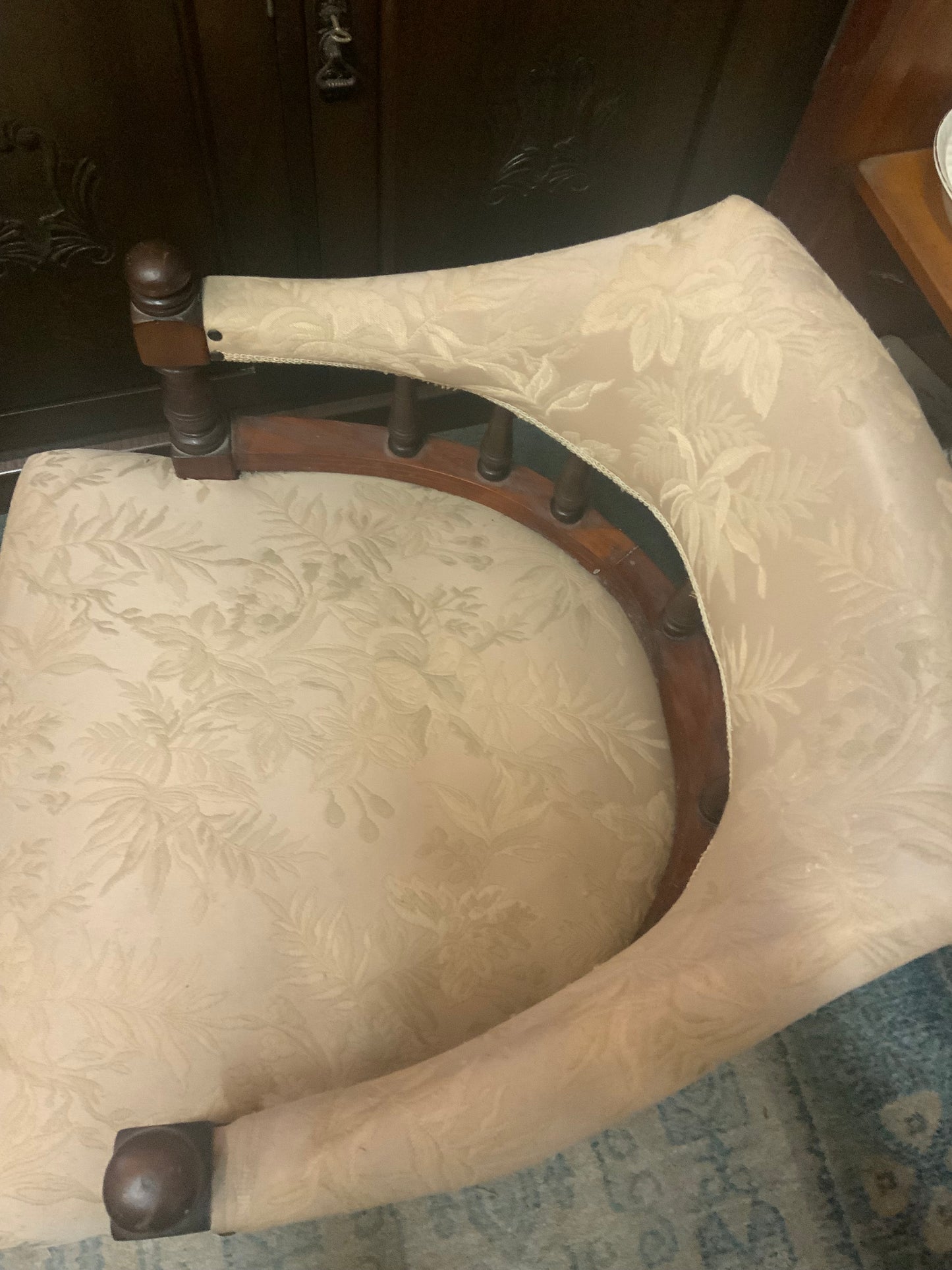Antique c.1900 Carved Wooden Armchair with Cream Damask Upholstery
