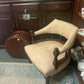Antique c.1900 Carved Wooden Armchair with Cream Damask Upholstery