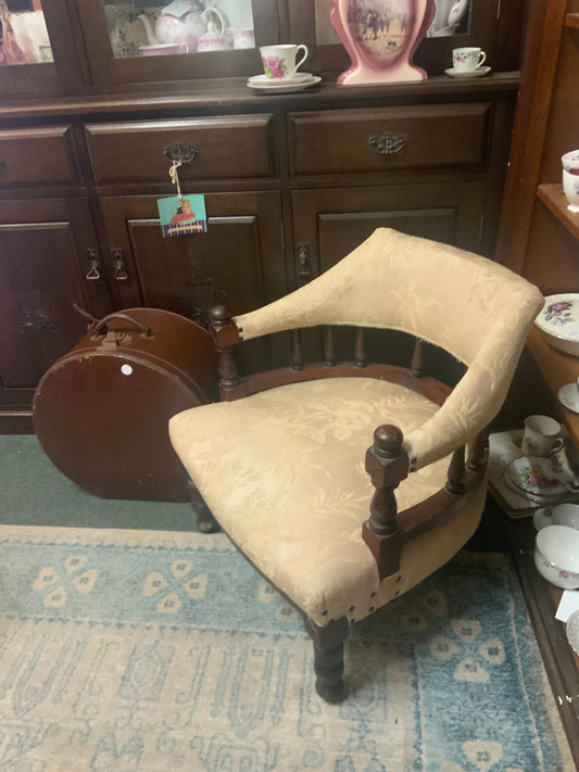 Antique c.1900 Carved Wooden Armchair with Cream Damask Upholstery