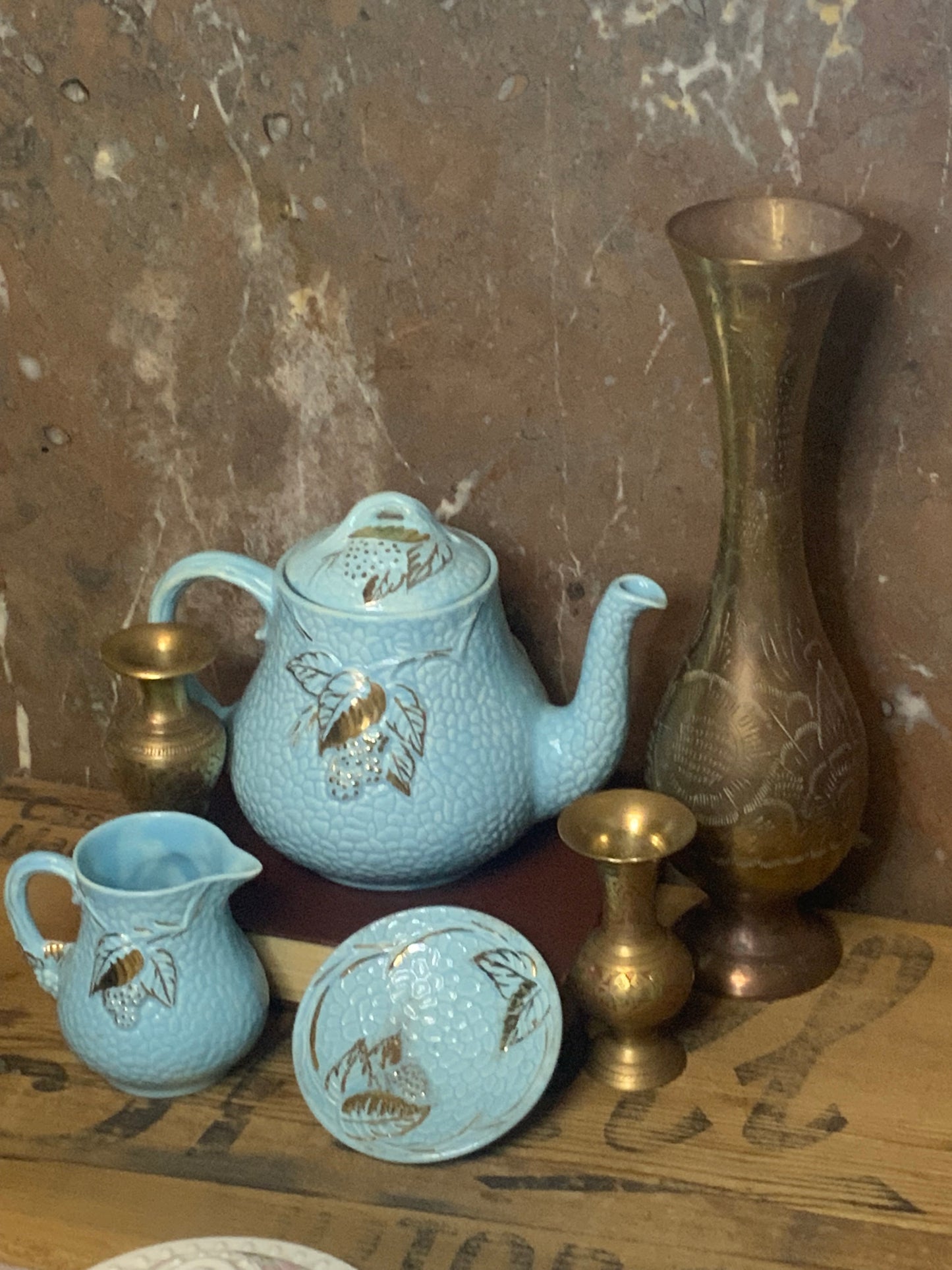 Vintage Blue Wade Tea Set with Hand-Painted Gold Leaves