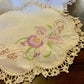 Vintage Hand-Embroidered Linen Doily Set with Orchid Motif & Crochet Lace