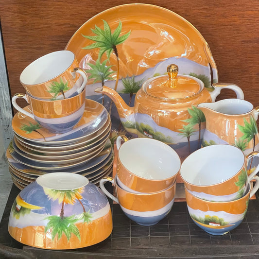 C.1930s Japanese Lustreware Teaset for six with palm trees