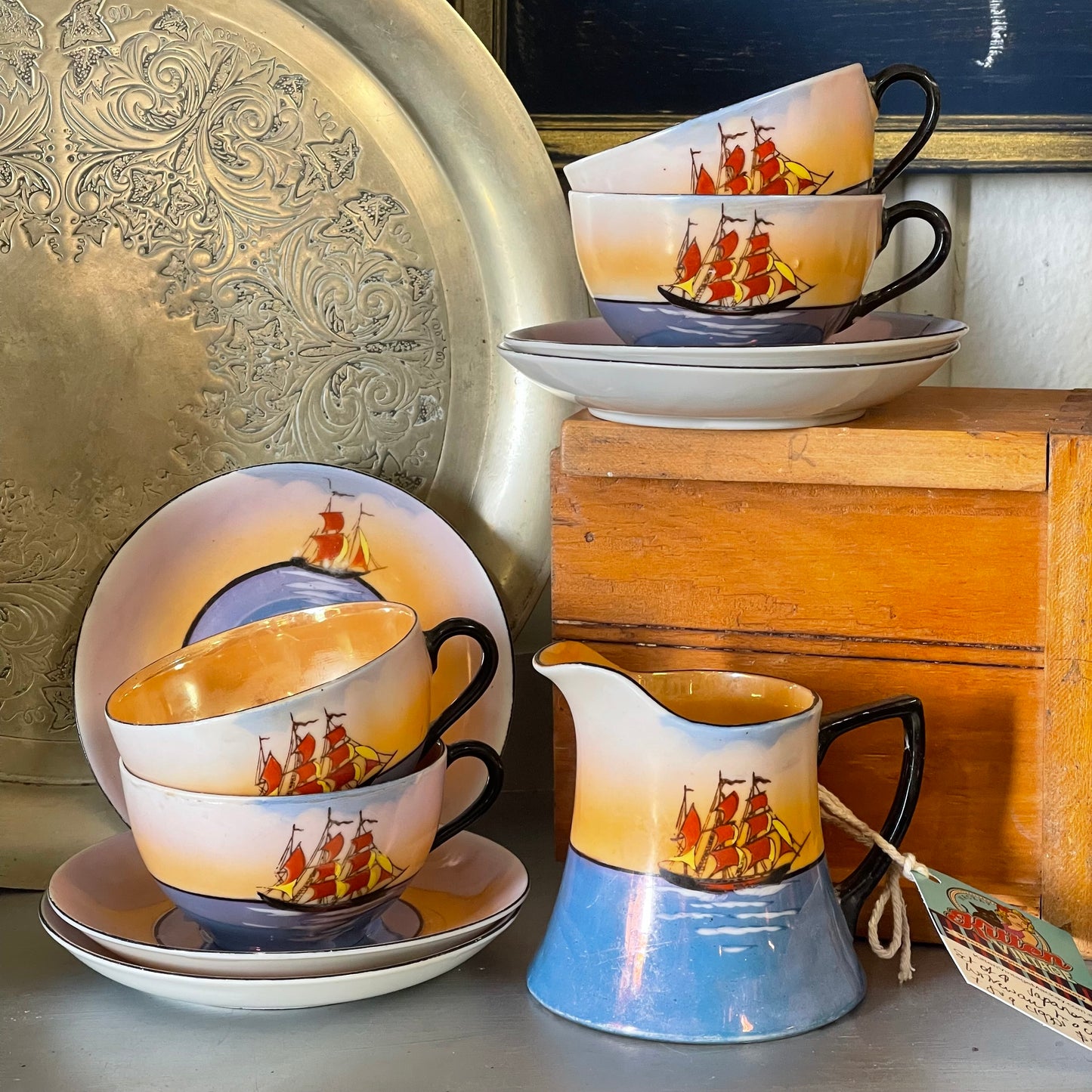 C.1930s Japanese Lustreware tea cups for four with sailing ships