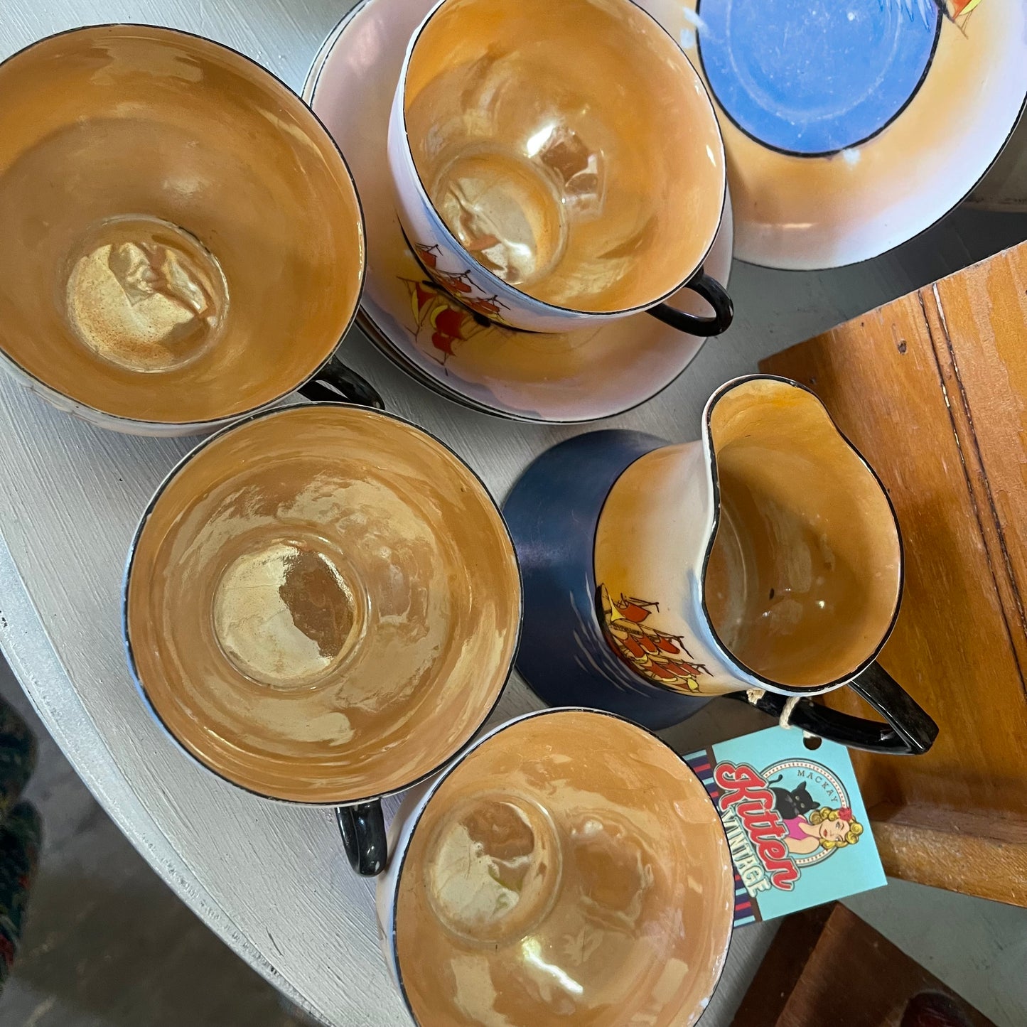 C.1930s Japanese Lustreware tea cups for four with sailing ships