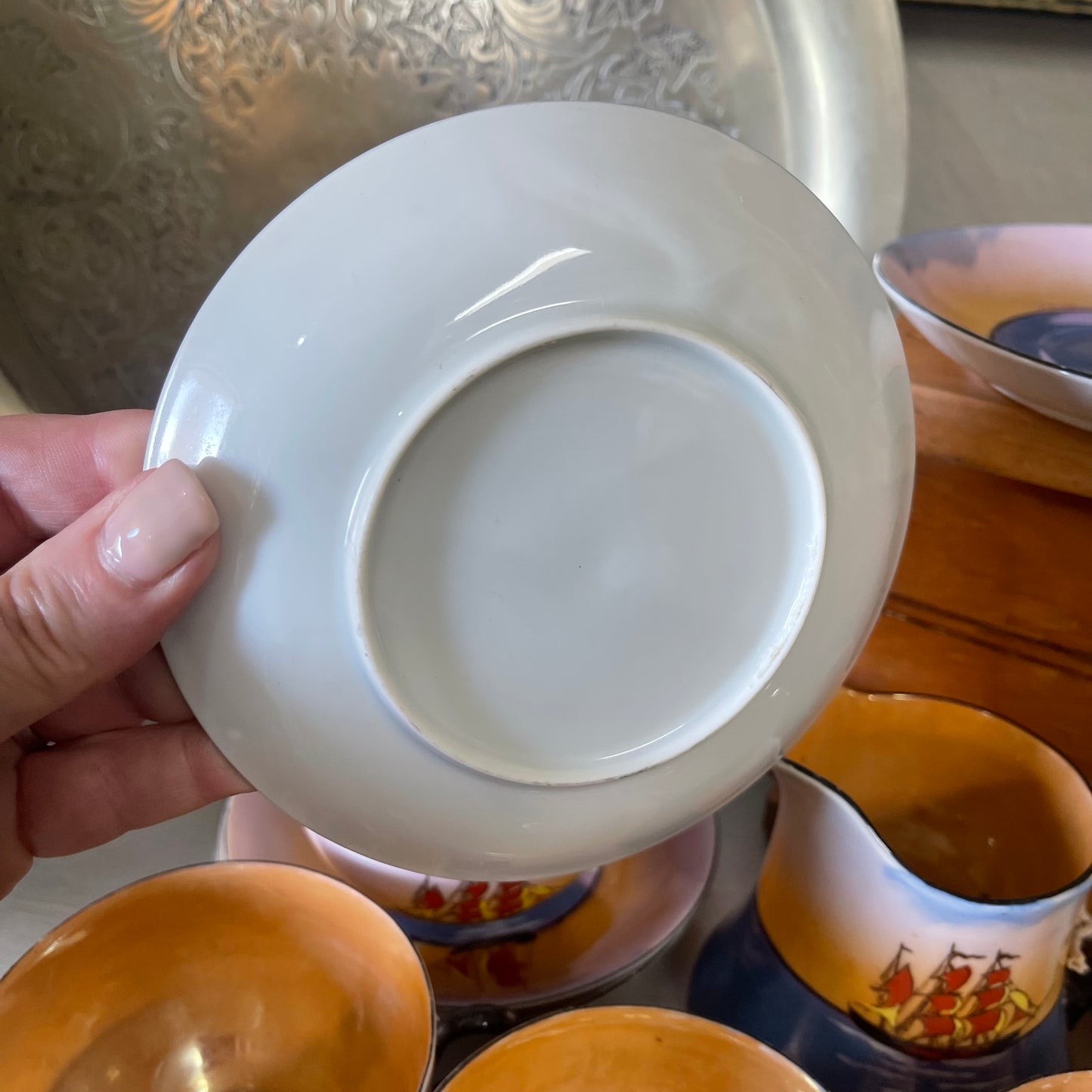 C.1930s Japanese Lustreware tea cups for four with sailing ships