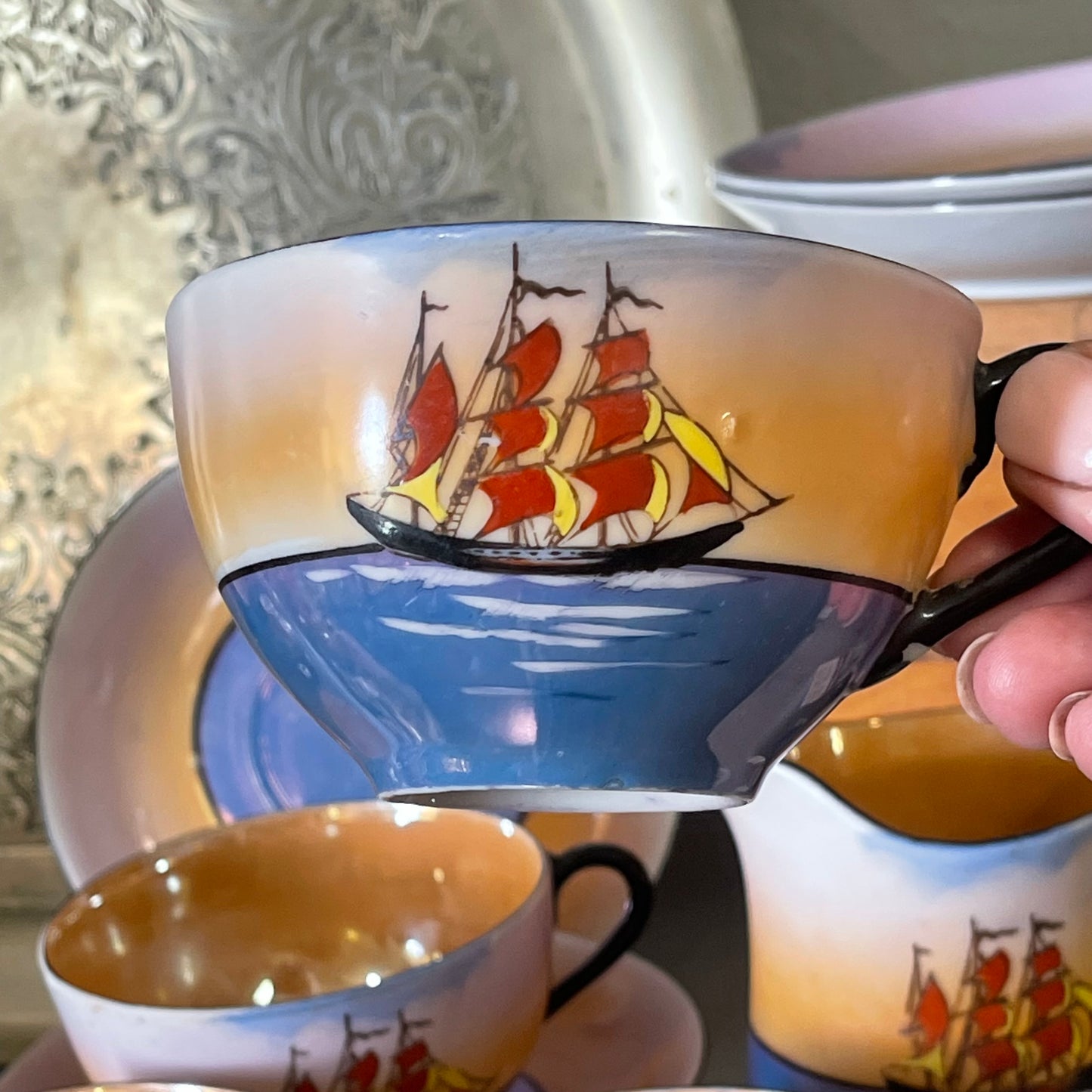 C.1930s Japanese Lustreware tea cups for four with sailing ships