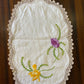 Vintage Hand-Embroidered Doily – Purple & Yellow Flowers with Crochet Edging