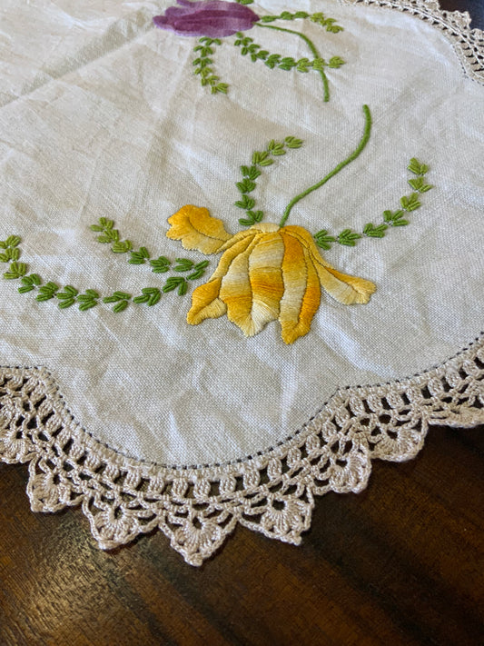 Vintage Hand-Embroidered Doily – Purple & Yellow Flowers with Crochet Edging