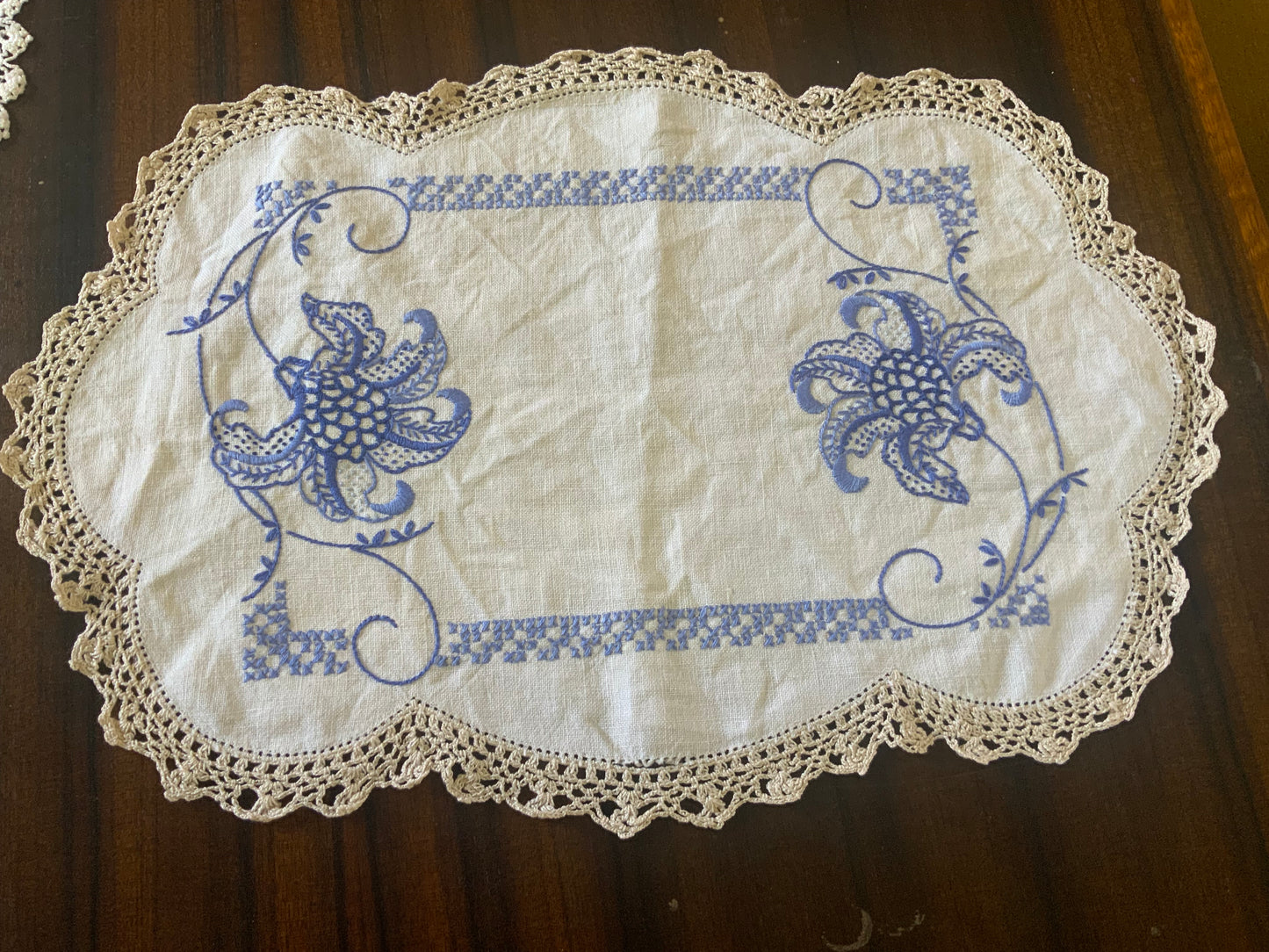 Vintage Hand-Embroidered Doily – Blue Florals with Crochet Edging