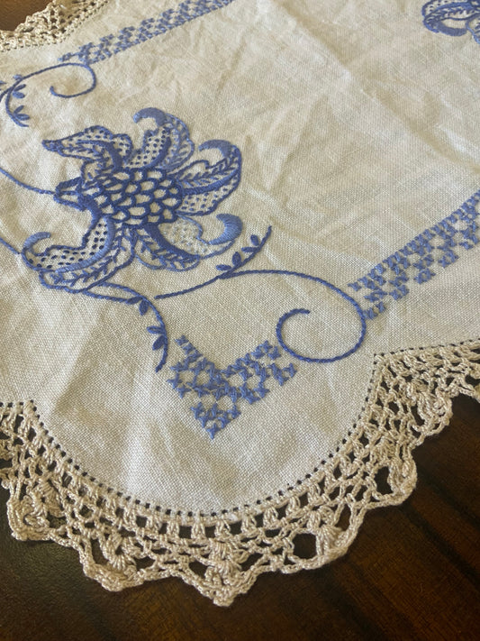 Vintage Hand-Embroidered Doily – Blue Florals with Crochet Edging