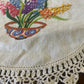 Vintage Hand-Embroidered Doily – Basket of Hyacinths & Spring Flowers with Crochet Edging