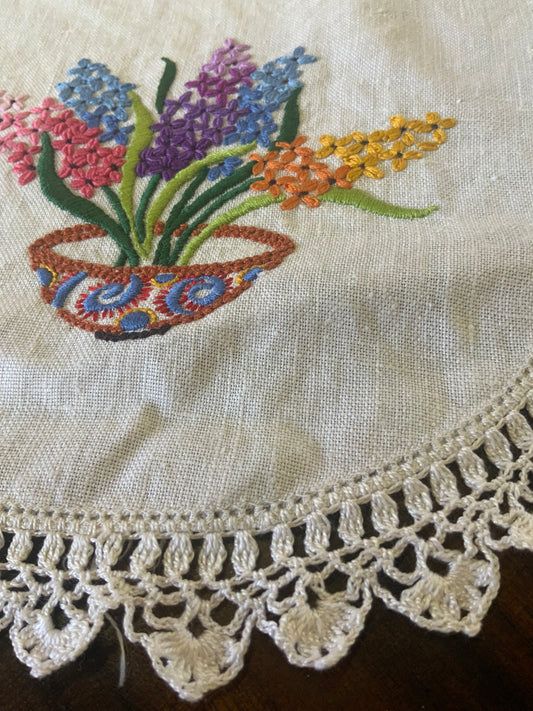 Vintage Hand-Embroidered Doily – Basket of Hyacinths & Spring Flowers with Crochet Edging