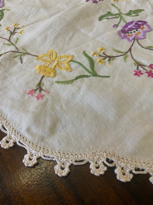 Vintage Hand-Embroidered Doily – Multicolour Florals with Crochet Edging