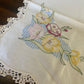 Vintage Hand-Embroidered Linen Table Runner – Yellow & Pink Floral with Crochet Lace