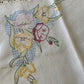 Vintage Hand-Embroidered Linen Table Runner – Yellow & Pink Floral with Crochet Lace