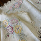 Vintage Hand-Embroidered Linen Table Runner – Yellow & Pink Floral with Crochet Lace