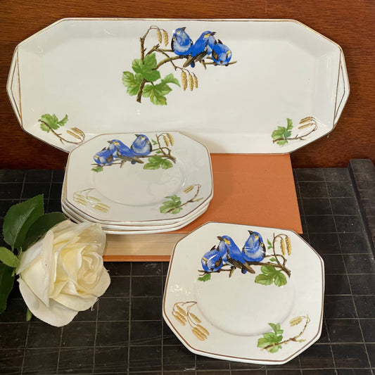 5 piece Sandwich Plate Set with blue birds by Victoria, Czechoslovakia c.1950s