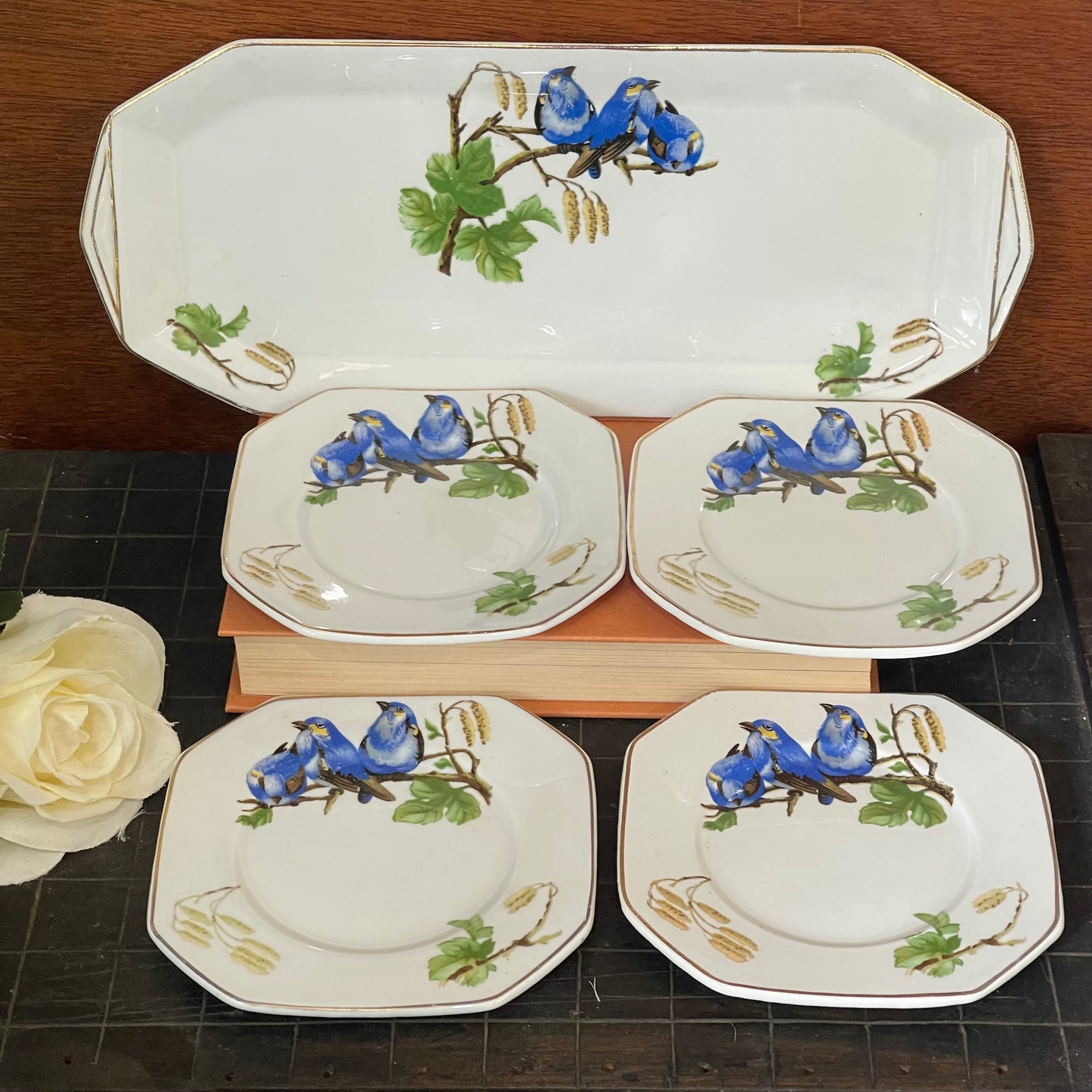 5 piece Sandwich Plate Set with blue birds by Victoria, Czechoslovakia c.1950s