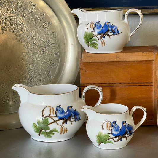 3 piece Jug Set with blue birds by Victoria, Czechoslovakia c.1950s