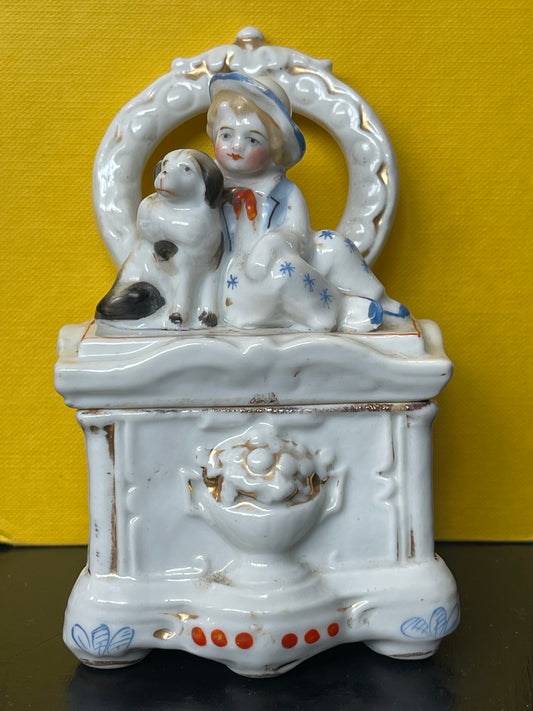 Antique Victorian German Conta & Boehme Fairing Trinket Box - Boy hugging dog