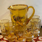 Hand-Painted Amber Glass Cocktail Set with Tropical Bird Motif — 7 Piece Set
