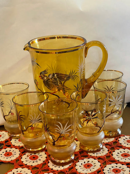 Hand-Painted Amber Glass Cocktail Set with Tropical Bird Motif — 7 Piece Set
