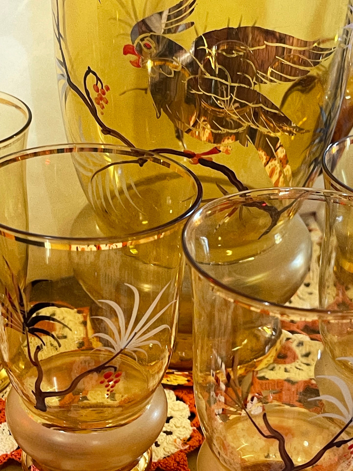 Hand-Painted Amber Glass Cocktail Set with Tropical Bird Motif — 7 Piece Set