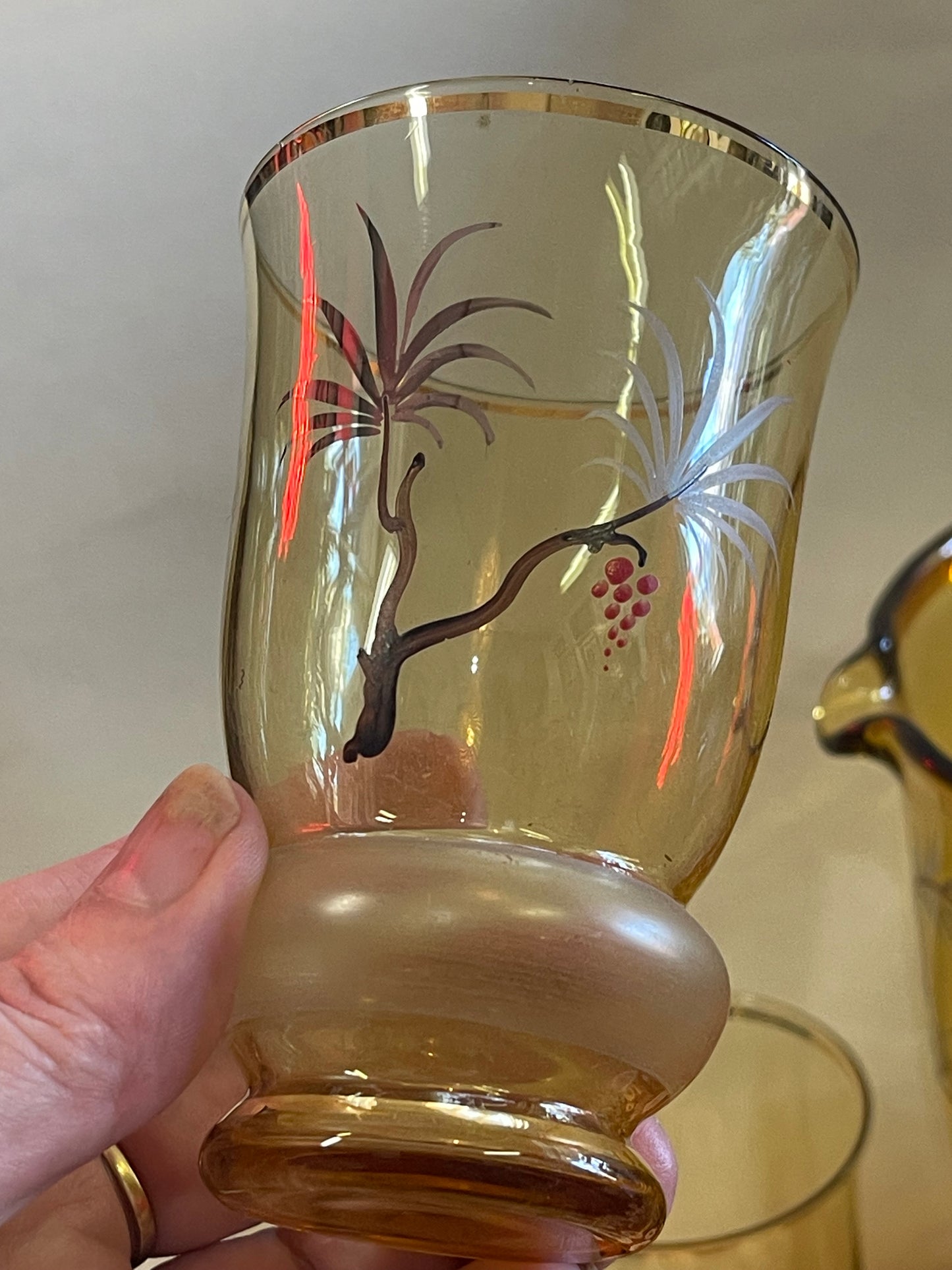 Hand-Painted Amber Glass Cocktail Set with Tropical Bird Motif — 7 Piece Set