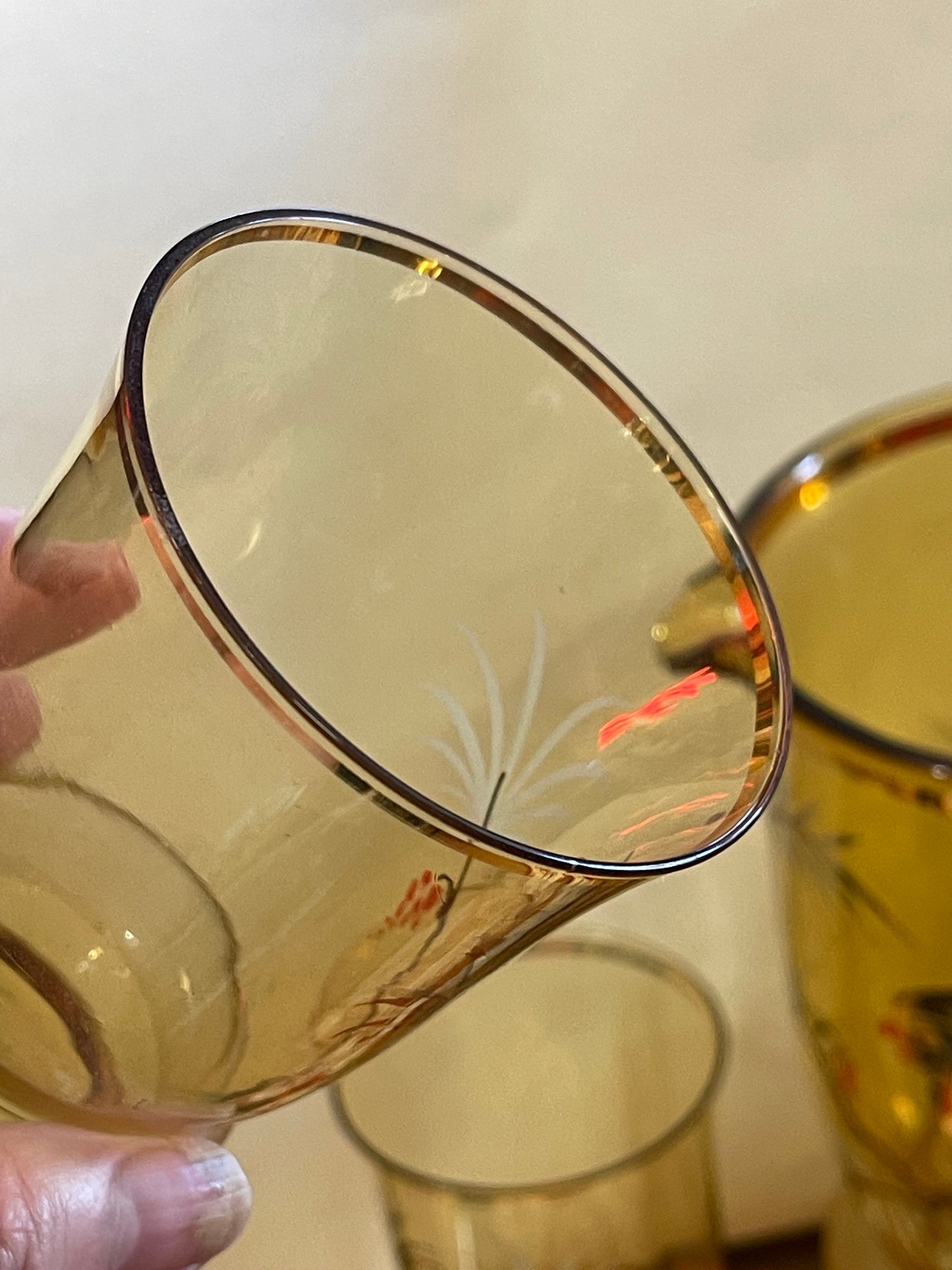 Hand-Painted Amber Glass Cocktail Set with Tropical Bird Motif — 7 Piece Set