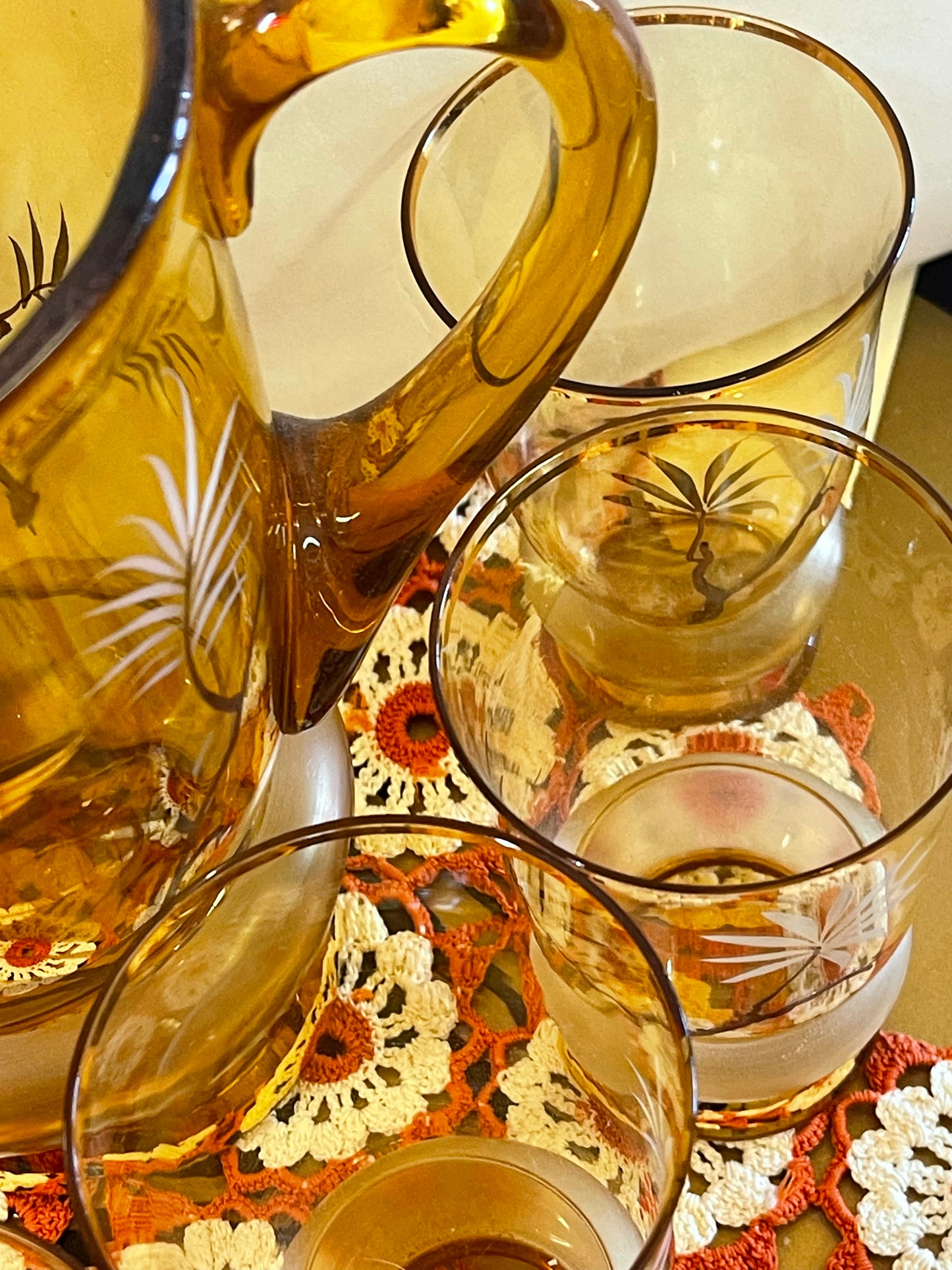 Hand-Painted Amber Glass Cocktail Set with Tropical Bird Motif — 7 Piece Set