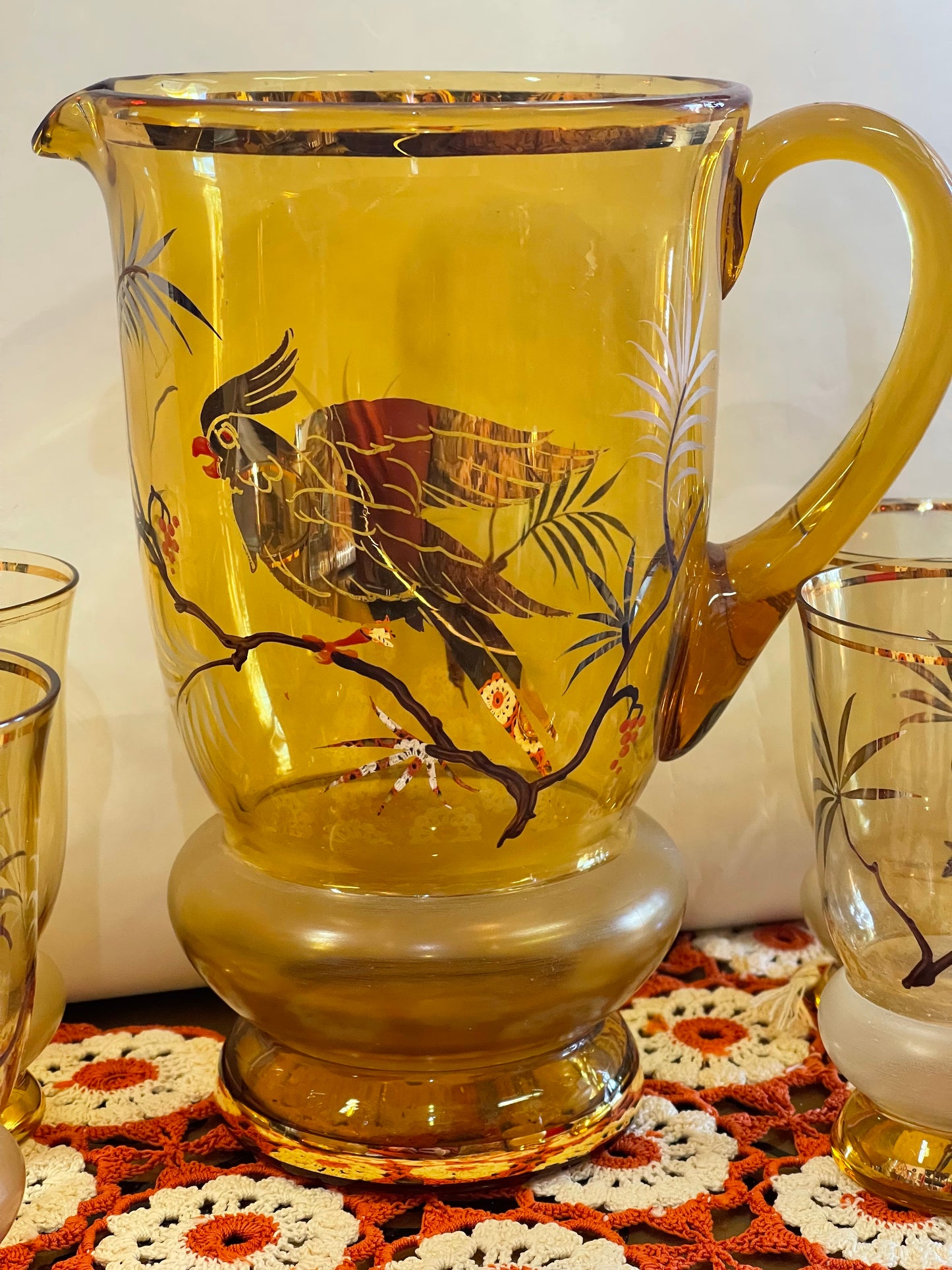 Hand-Painted Amber Glass Cocktail Set with Tropical Bird Motif — 7 Piece Set