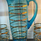 Mid-Century Aqua Blue Glass Lemonade Set with Gold Banding — 7 Piece Set