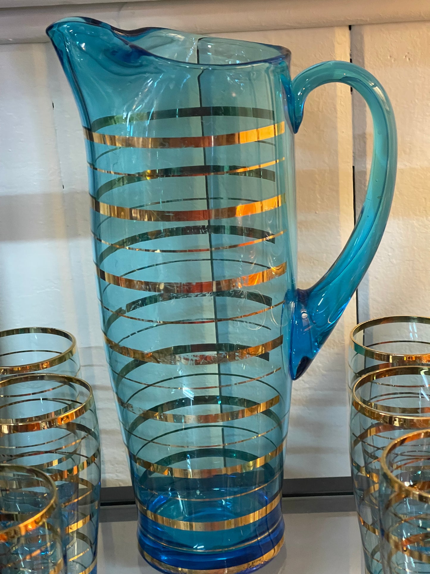 Mid-Century Aqua Blue Glass Lemonade Set with Gold Banding — 7 Piece Set