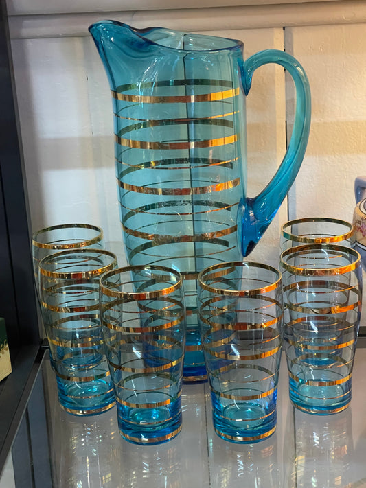 Mid-Century Aqua Blue Glass Lemonade Set with Gold Banding — 7 Piece Set