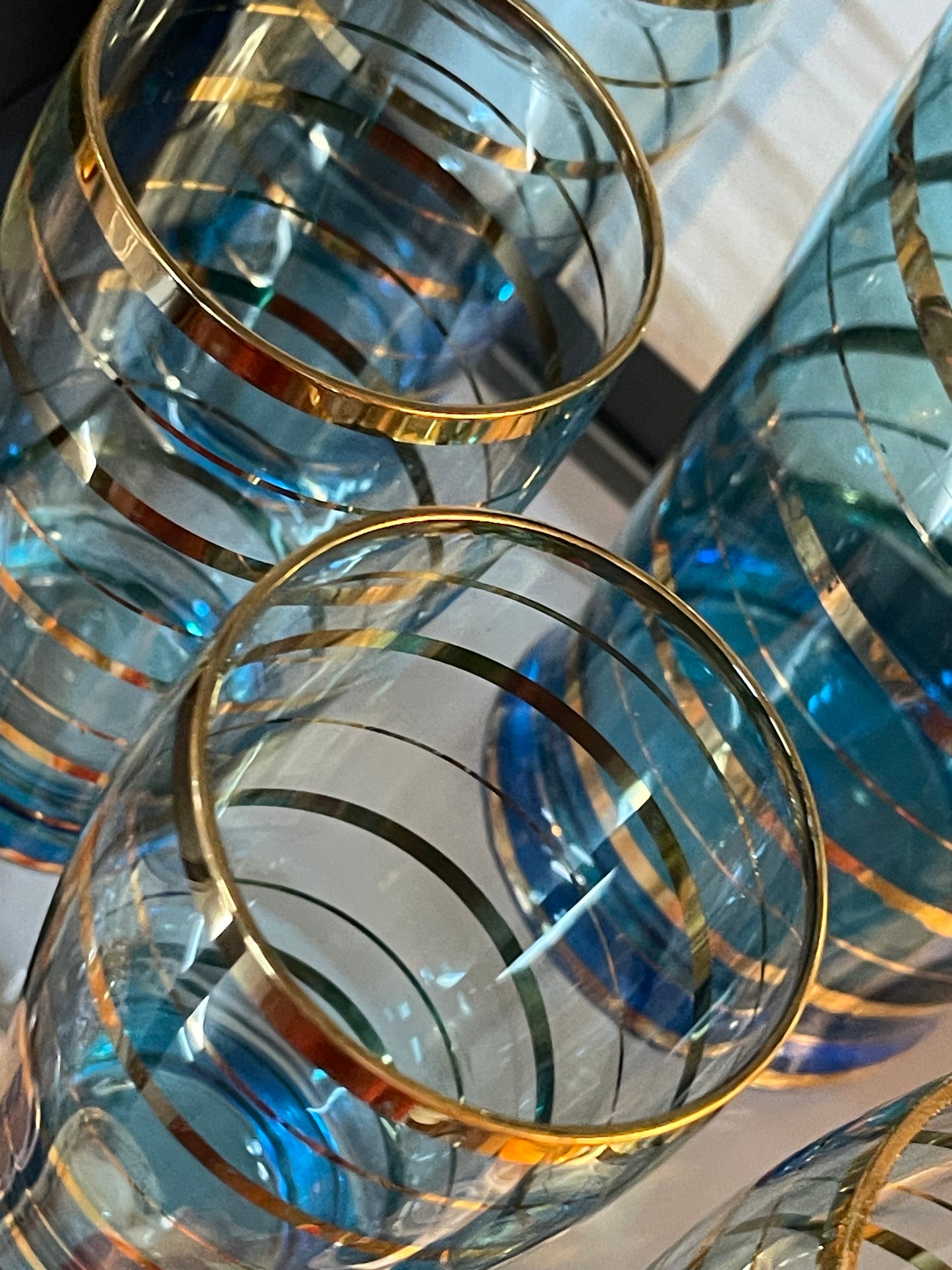 Mid-Century Aqua Blue Glass Lemonade Set with Gold Banding — 7 Piece Set