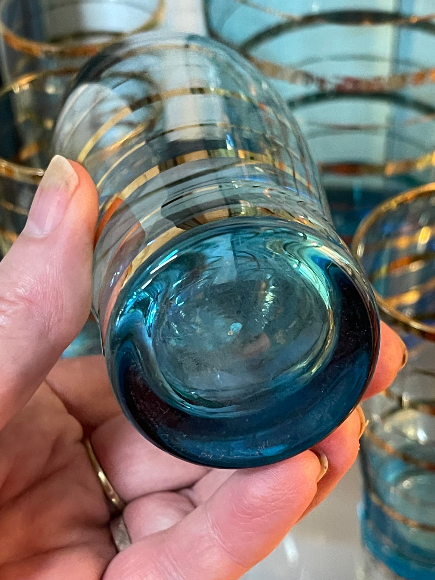 Mid-Century Aqua Blue Glass Lemonade Set with Gold Banding — 7 Piece Set