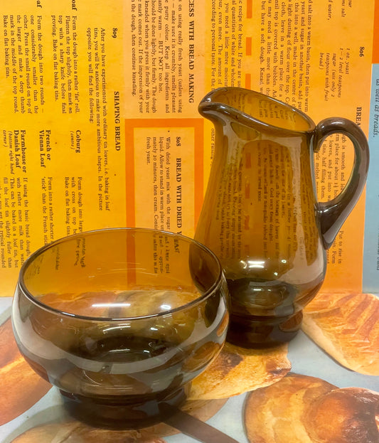 Vintage Smoked Glass Sugar Bowl & Cream Jug Set – 1970s Amber Smoke Glass