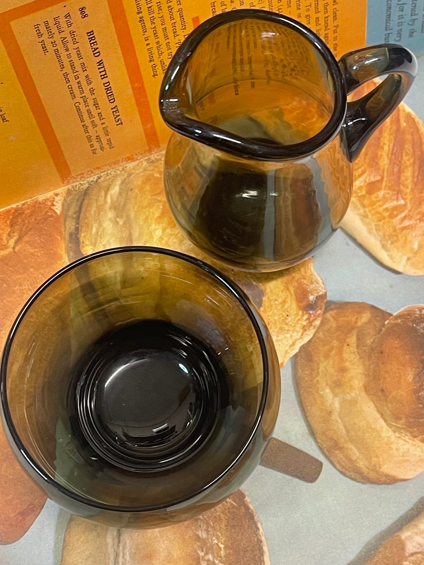 Vintage Smoked Glass Sugar Bowl & Cream Jug Set – 1970s Amber Smoke Glass